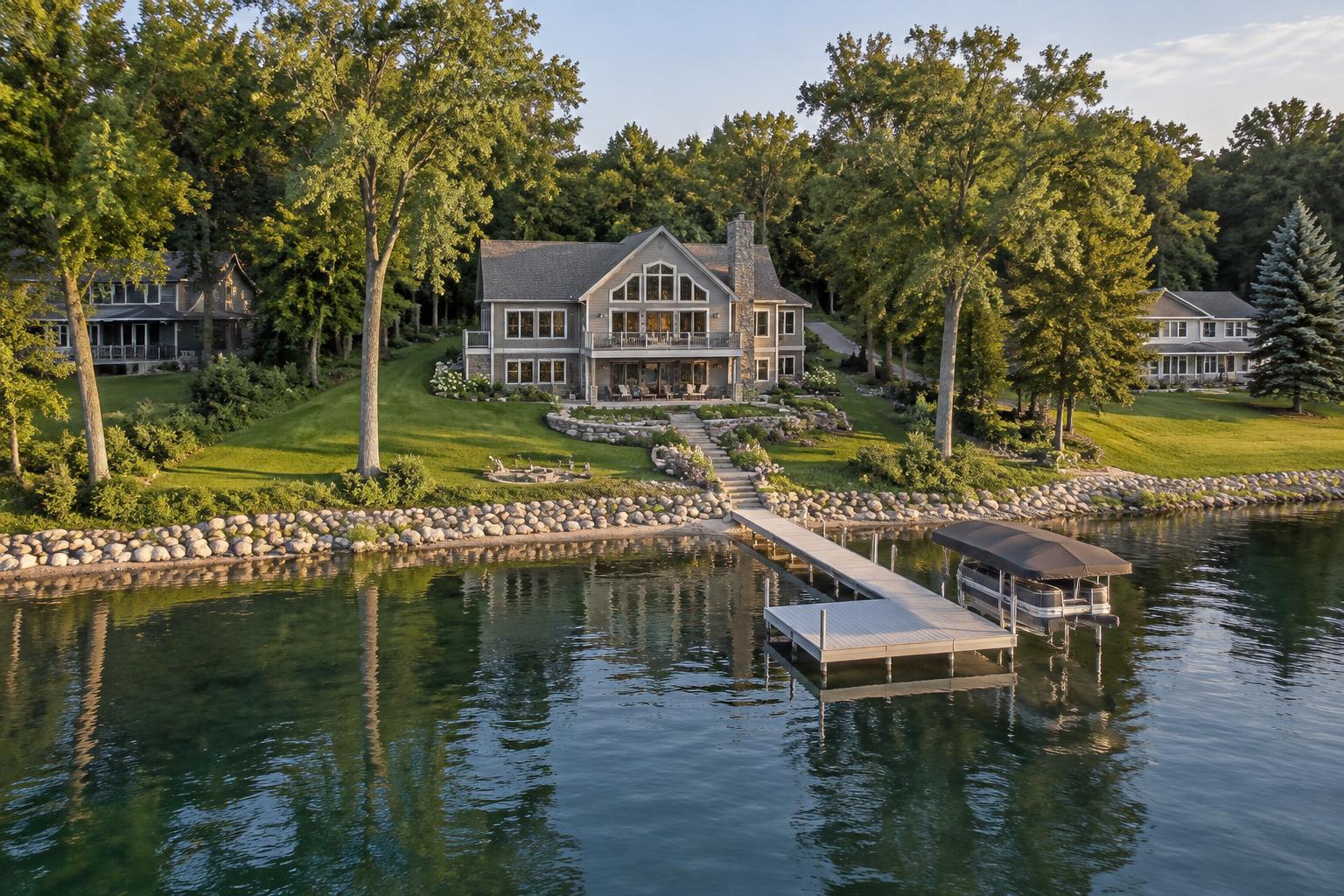 Aerial view of a waterfront luxury home at dusk