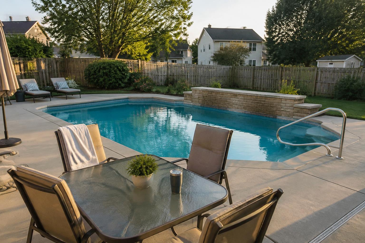 Luxury backyard pool and covered patio at golden hour